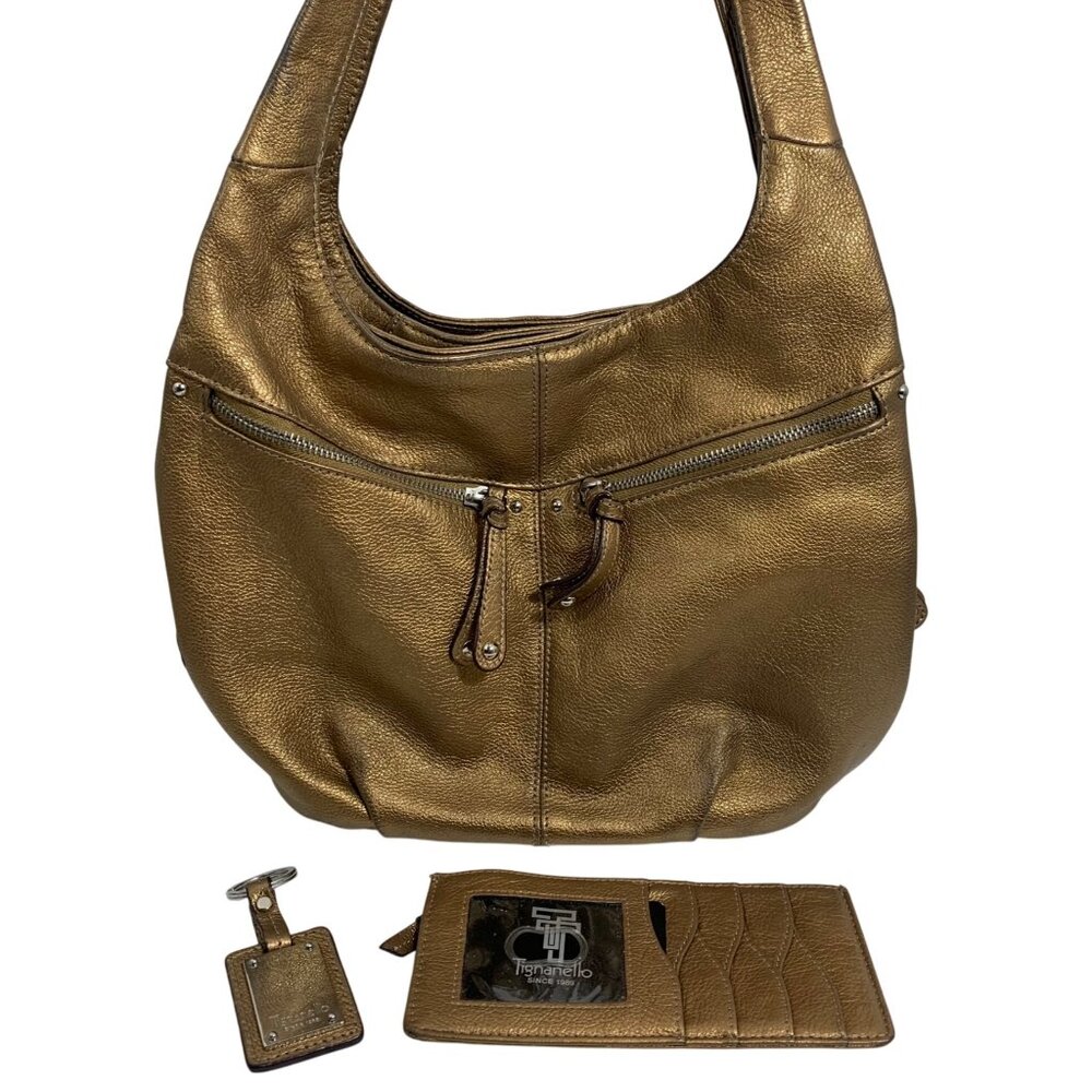 TIGNANELLO Metallic Bronze Leather Hobo Bucket Shoulder Bag + Keychain, Wallet